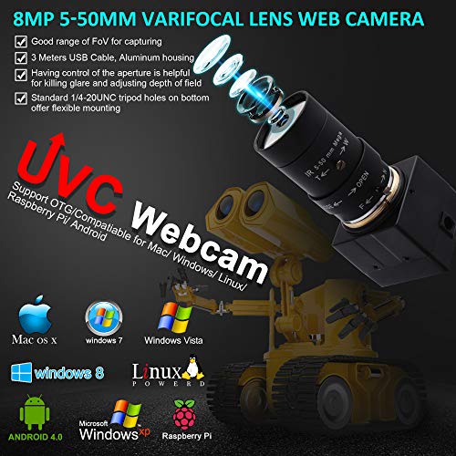 ELP Webcam 8MP,WebKamera HD 5-50mm Manuell Variable Fokus Objektiv,IMX179 Sensor USB Kamera PC Desktop/Laptop HD 2448P Zoom Kamera kompatibel mit Mac/Windows/Linux/Android USB8MP02G-SFV(5-50) – Bild 3
