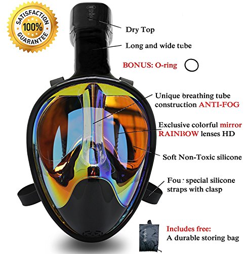 Full Face Mask For Snorkeling- Easy Breath- 180⁰ Panoramic Seaview- Rainbow Mirror Lenses HD- Design Scuba Mask- Anti-Leak & Anti-Fog- Adjustable Silicone Straps (Black, L/XL)