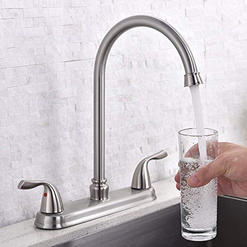 Hotis Commercial Stainless Steel Lead-Free Two Lever Two Hole Gooseneck High Arc Two Handle Kitchen Sink Faucet, Brushed Nickel Kitchen Faucet