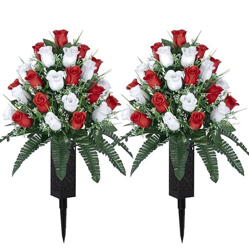 LVXINLI 2 Sets künstliche Friedhofsblumen, Outdoor-Grabdekorationen, Rosen, schöne Arrangements, Blumenstrauß mit Friedhofsvase, dauerhafte und nicht