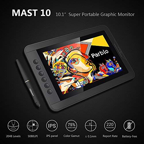 Parblo Mast10 10.1" Graphic Tablet Drawing Monitor with Battery-Free Drawing Tablet Pen Passive Stylus, Shortcut Keys, USB USB Type C Cable Adapter for Digital Art Sketch, Paint, Design