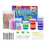 SuSenGo Super Slime Kit - 12 Colors Slime with 4 Pack Colorful Foam Balls, 250pcs Fresh Fruit Face Decoration, 2 Pack Grow in The Dark Powder, 6 Bottles Holographic Glitter Shake Jars for DIY Slime