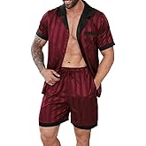 DEARCASE Men's Pajamas Set - Satin Silk Sleepwear, Short Sleeve Button Down 2 Piece Loungewear, Soft & Cooling Pjs for Men