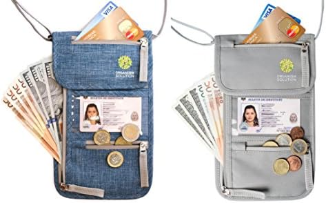 Passport Holder by Organizer Solution, Travel Wallet with Rfid, Neck Pouch (set 2 pack, Grey + Blue Denim)