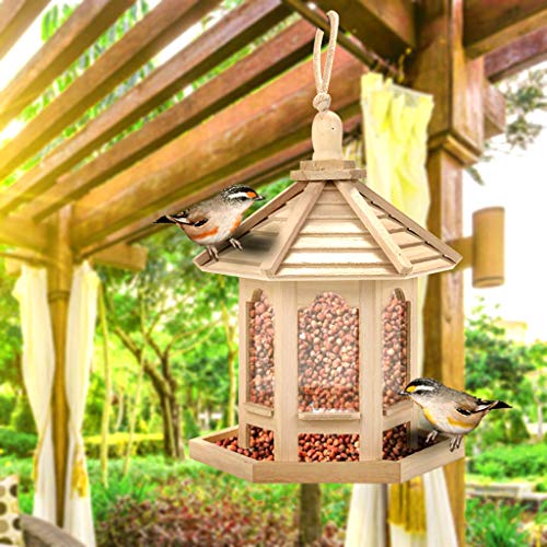 jiumoji Wooden Bird Feeder Outside Hanging for Garden Yard Tree Decoration Hexagon Shaped with Roof