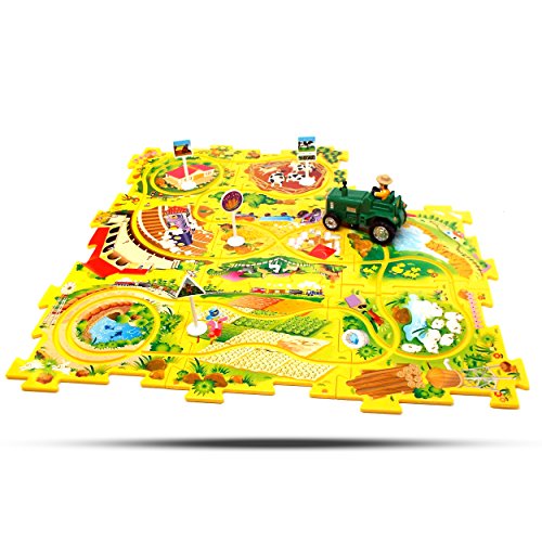Perfect Life Idea Farm Tractor Vehicle Puzzle Track Play Set - Battery Operated Toy Themed Style Vehicle Runs on Interchangeable Puzzle Tracks - Make up to 50 Track Combinations