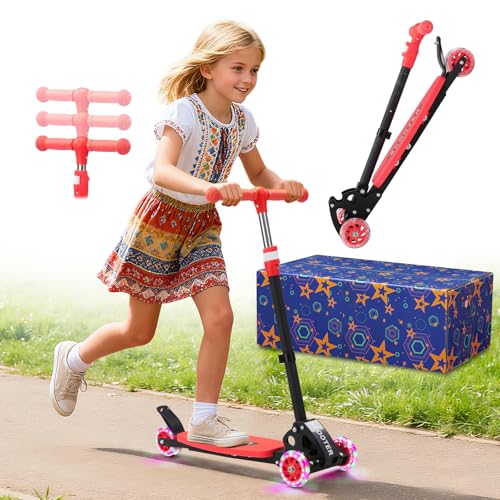 Kick Scooter for Kids Ages 6-12, Red, 3-Wheel Folding Scooter with Adjustable Height, Light-Up Wheels, Lean-to-Steer, Extra Wide Deck for Outdoor Activities