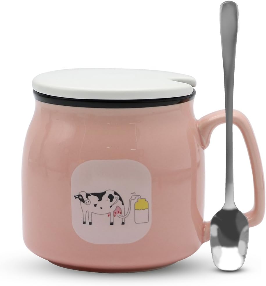 Asmwo Cute Cow Mug Funny Pink Ceramic Coffee Tea Mug with Lid and Spoon Birthday Christmas Thanks Giving Gift Mugs for Women Girls Boys Kids 12 oz