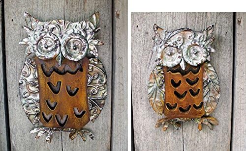2 Wood and Metal Owl Wall Garden Plaques