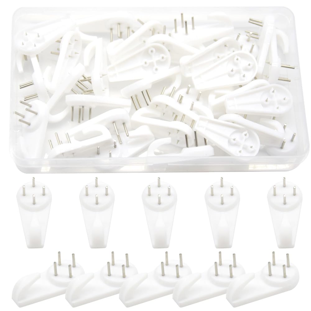 Yosawo 30 Pcs White Plastic & Steel Nail Picture Hooks (39MM/SL) for Hardwall Drywall Hanging Pictures, Clocks, Photo Frames, Mirrors