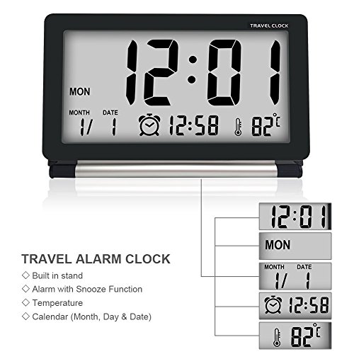Travel Clock,Electronic Alarm Clock,Morning Clock,econoLED Portable Digital Clock with Calendar Date Time Calendar Temperature Display, Snooze, Folding Black - Battery Included - Thumbnail 2