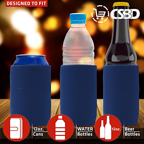 CSBD Beer Can Coolers Sleeves, Soft Insulated Reusable Drink Caddies for Water Bottles or Soda, Collapsible Blank DIY Customizable for Parties, Events or Weddings, Bulk (50, Blue)