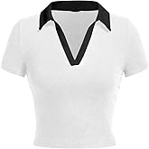 Avanova Women Polo Collared V Neck Tee Shirts Ringer Short Sleeve Crop Tops