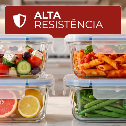 Kit 4 Potes de Vidro Herméticos 1040ml com Tampa Silicone Azul | Marmita Fitness, Meal Prep, Conservação de Alimentos e Organização de Cozinha