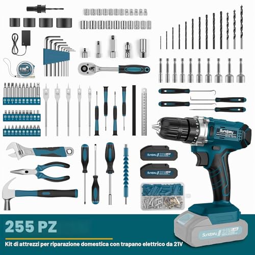 Sundpey Complete Tool Box 255 Pieces with Drill Driver Battery 21 V, Cordless Screwdriver Set Work Tools with Drawer for Home and Car Repair for DIY