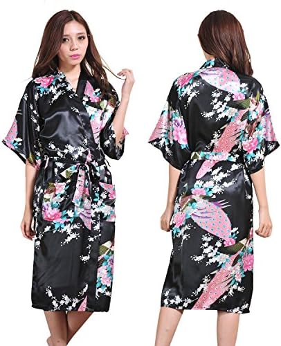 JCNCE Sexy Satin Japanese Peacock Kimono Dressing Gown Bath Robe Babydoll Nightwear -Women Lady Girl Bride Kimono Bath Robe Night Dress Gown (M, Black)