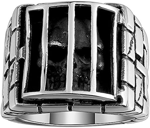 Men's Stainless Steel Classic Vintage Punk Style Double Cross Prison Skull Head Ring,Silver Black
