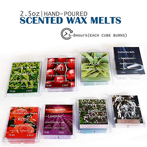 Scented Wax Melts (8 x 2.5 oz) Natural Soy Wax Cube with Essential Oils for Warmer Cubes/Tarts - Apple, Aloe, Green tea, Sandalwood, Rose, Vanilla, Jasmine, Lavender