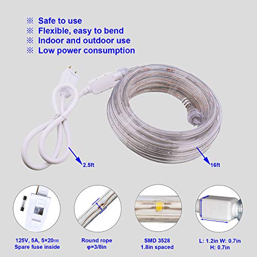 Areful Blue LED Lights, 16ft Rope Lights, Connectable and Flexible Blue Strip Lighting, High Brightness 3528 LEDs with Clear PVC Jacket, Waterproof Weatherproof for Indoor Outdoor Use