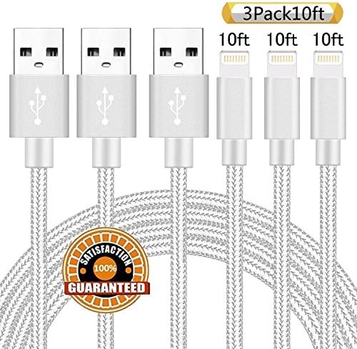 Suanna Lightning Cable 3PACK 10FT USB Syncing and Charging iPhone Cable Data Nylon Braided Cord Certified for iPhone X/8/7 Plus/6/6s/6+/5/5c/5s/SE/iPad/iPod Nano/iPod Touch (Silver)