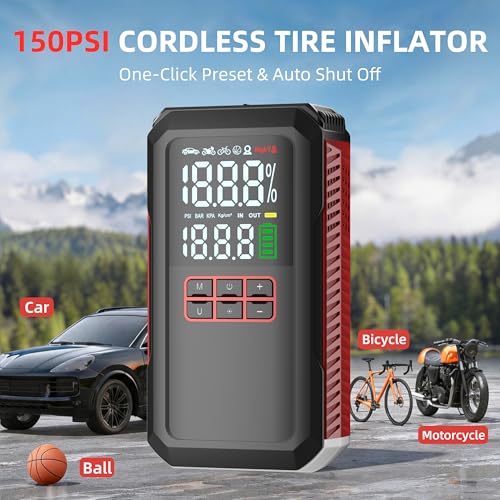 5000A Car Battery Jump Starter with Air Compressor 160PSI, Portable Battery Jumper Starter 7.0L Gas/6.0L Diesel, Jumper Box for Car Battery, Jumper Cables, Power Bank & Light