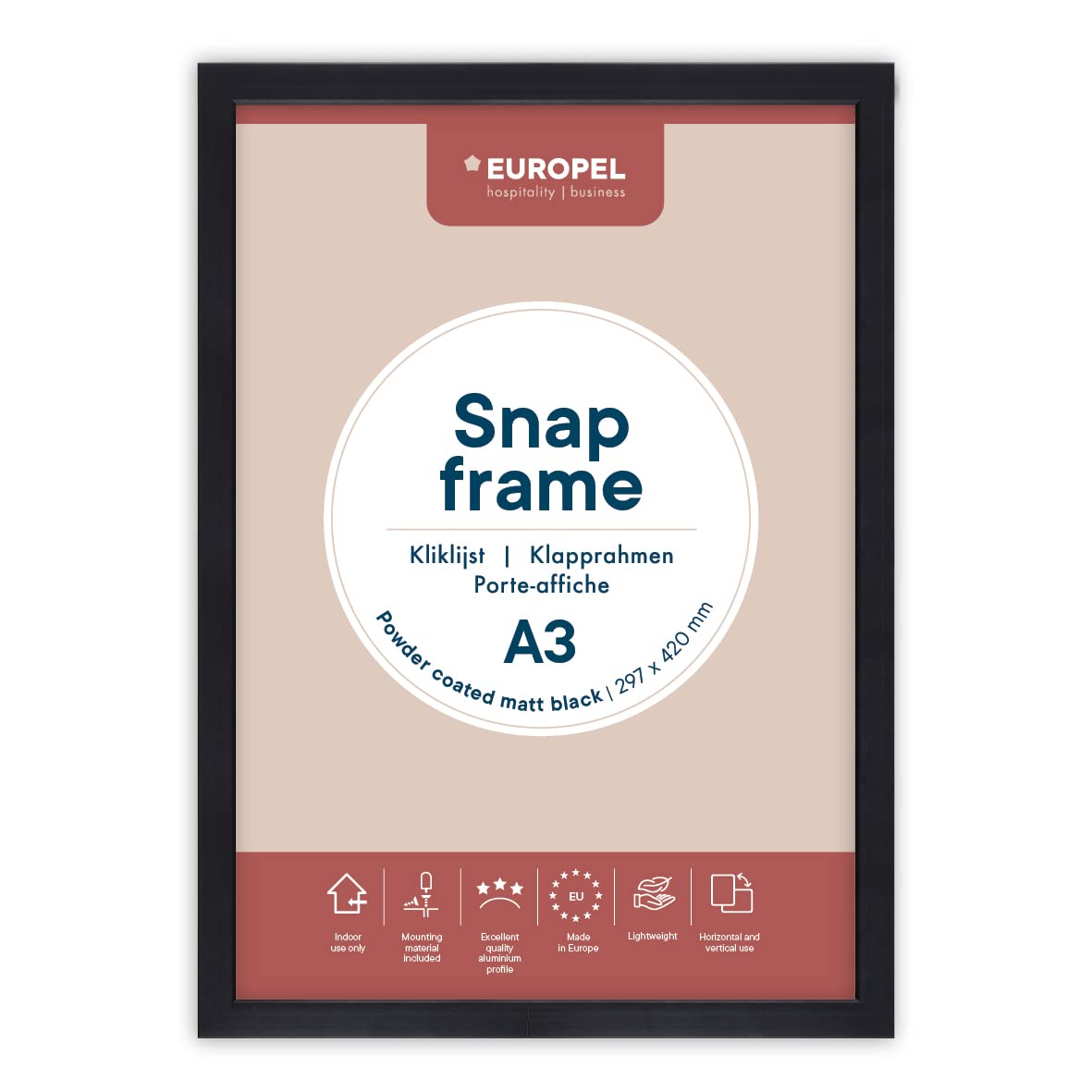 EUROPEL lightweight Snap frame A3, matt black powder-coated finish, Profile 25 mm, Anodized aluminum, anti-reflective protector, External dimensions 297x420 mm, Grey polystyrene back