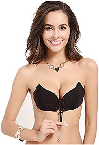 Women's Strapless Bra Self Adhesive Silicone Push Up with Drawstring (D, Black 3)