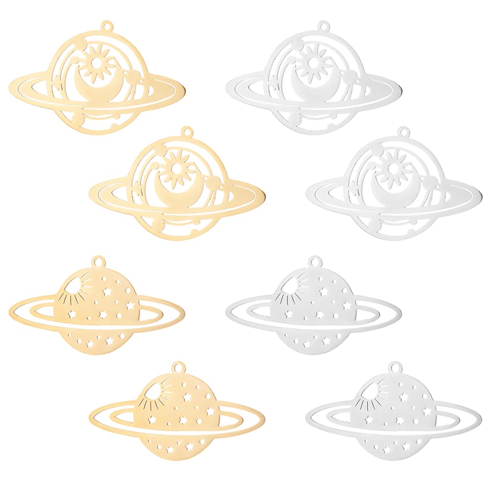 DICOSMETIC 8Pcs 2 Styles Celestial Charms 2 Colors Flat Universe with Star Moon Sun Charms Laser Cut Cosmos Charms Golden Satellite Charms Stainless Steel Planet Pendants for Jewelry Making