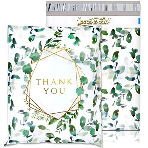 Pack It Chic - 10X13 (100 Pack) Geometric Leaves Pattern - Thank You Poly Mailer Envelope Plastic Custom Mailing & Shipping Bags - Self Seal (More Designs Available)