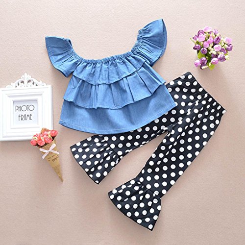 Jchen for 0-4 T Kids, (TM) Toddler Kids Baby Girls Summer Outfits Off Shoulder Denim Tops+Flares Pants Clothes Set (Age: 1-2 Years Old)