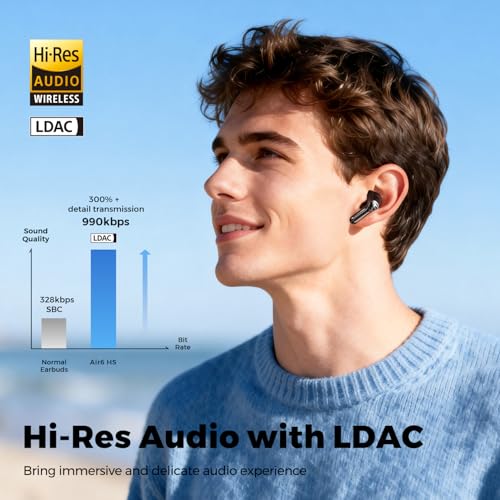 SOUNDPEATS Air6 HS BT 6.0 Wireless Earbuds, Semi-in-Ear Headphones with 13mm Triple-Magnet Bio-Composite Driver, LDAC Lossless & Hi-Res Audio, 45H Playtime, 4-Mic Noise Cancelling, IPX5