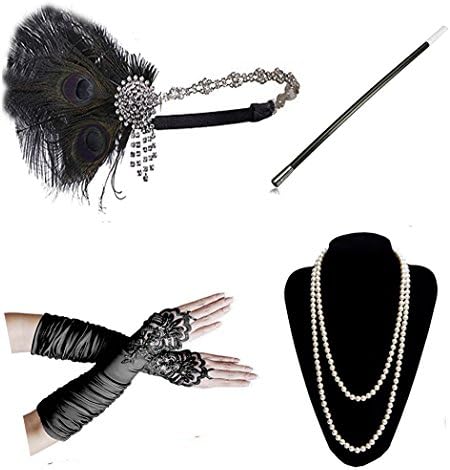 CizoeCizoe 1920s Gatsby Accessories Set for Women Flapper Headband 20s Headpiece Necklace Gloves(ce)