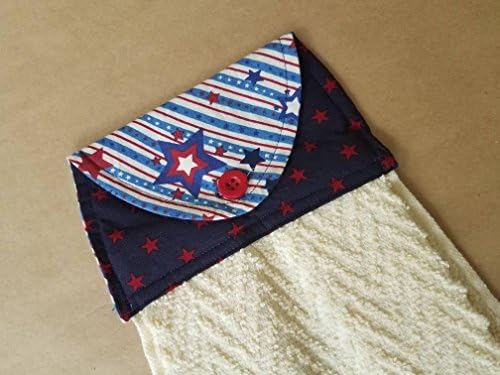 Patriotic Stars Hanging Kitchen Towel, Americana, Button Top Dish Towel, Primative Country, Red, White, Blue, USA, BBQ, Summer Home Decor
