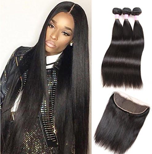ZILING Brazilian Straight Virgin Hair Lace Frontal Closure with Bundles Natural Black Straight Human Hair Weave 4 Bundles with Closure (10 12 12 w 10)