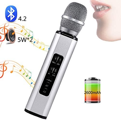 Wireless Microphone Karaoke, Bluetooth Mic, Handheld Speaker, Portable Mikrofon, Phone Player Record Music, for Kids Adults Home Party,Silver