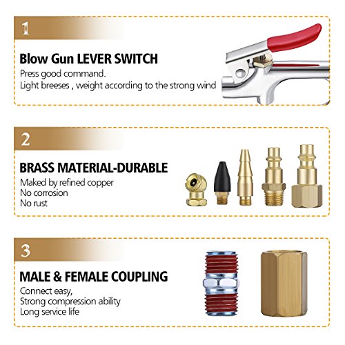 20Pcs Air Compressor Accessory Kit, Drillpro Pueumatic Air Fittings Tools, 1/4'' NPT Plugs, Blow Gun, Tire Pressure Pen with Inflatable Rod Kit for Blow Dust, Test Tire and Inflating for Car/Bike/Ball - Thumbnail 6