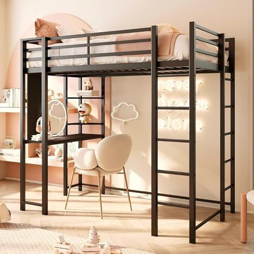CHAGEE Hogar y Cocina Litera Matrimonial con Escritorio Incorporado | Cama Alta de Metal Sólido para Adultos y Niños | 2 Escaleras Integradas y Barandilla de Seguridad | Estructura Antiruido