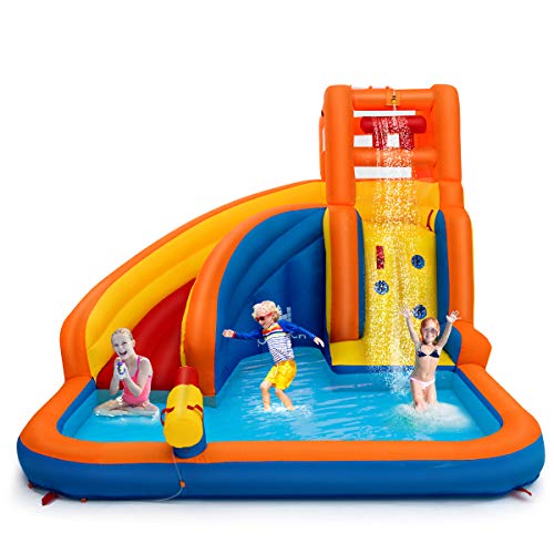 Costzon Inflatable Water Slide, 5-in-1 Kids Bouncer w/ Climbing Wall, Splash Pool, Water Cannon, Pouring Sink, Including Oxford Carry Bag, Repairing Kit, Stakes, Hose (Without Blower)