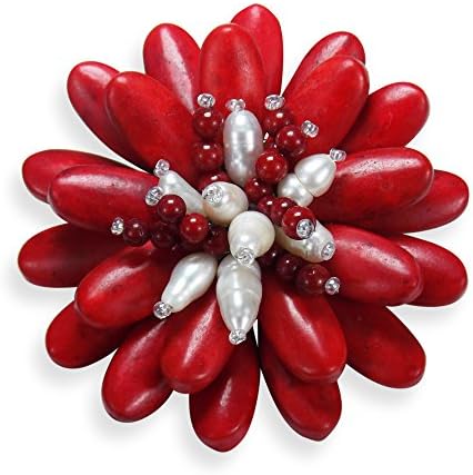 AeraVidaDouble Sunflower Reconstructed Red Coral and Cultured Freshwater White Pearl Floral Pin or Brooch