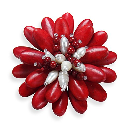 AeraVidaDouble Sunflower Reconstructed Red Coral and Cultured Freshwater White Pearl Floral Pin or Brooch
