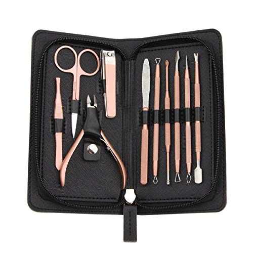 Manicure Pedicure Set Nail Clippers Travel Hygiene Kit Stainless Steel Nail Cutter Care Set Scissor Tweezer Knife Ear Pick Utility Tools Grooming Kits with Leather Case 10 in 1 (Black)