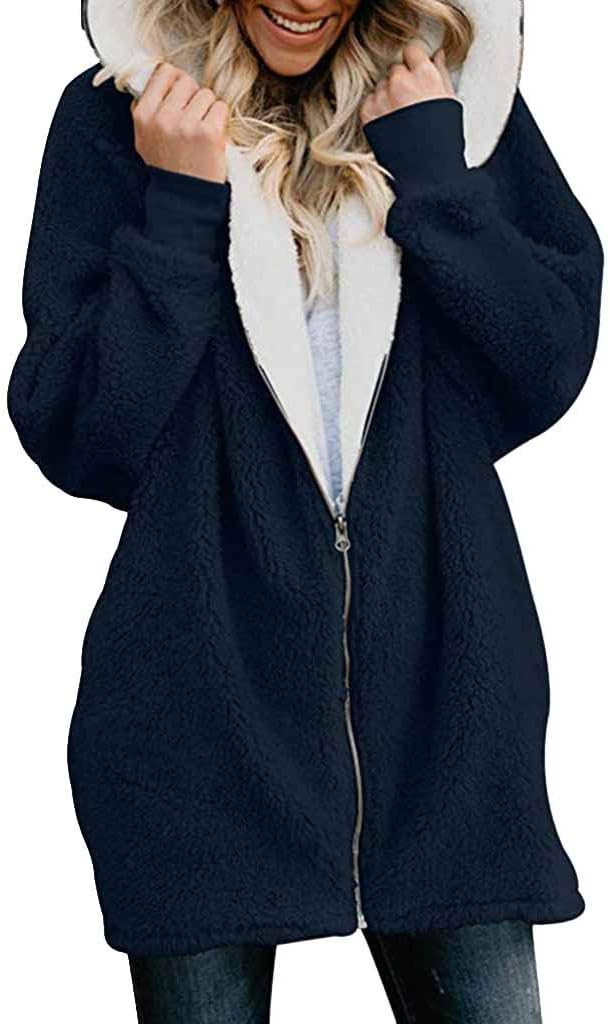 Teddy Coat Womens Solid Oversized Zip Down Hooded Fluffy Coat Jacket Cardigans Outwear Pockets