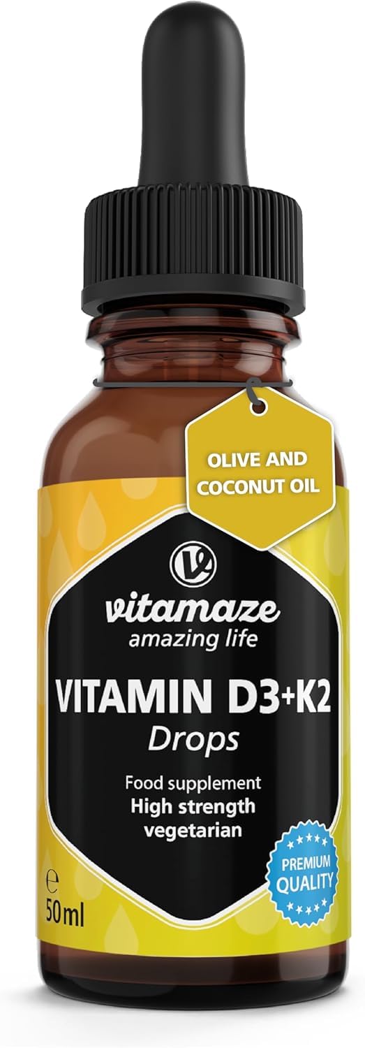 Vitamin D3 + K2 Drops high-dose & Vegetarian, 50ml (1700 Drops), 1000 IU Vitamin D3 + K2, More Than 99.7% All-Trans MK-7, no Unnecessary additives, high bioavailability