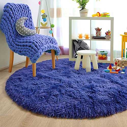 Navy Blue Rug for Bedroom, Fluffy Circle Rug 4'X4' for Kids Room, Furry