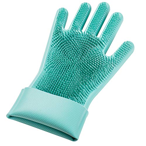 Magic Silicone Gloves wash Scrubber Gloves Reusable Cleaning Brush Gloves Heat Resistant Scrub Rubber Glove for Dish Washing Cleaning Kitchen Household Washing The Car Pet Hair Care (Green)