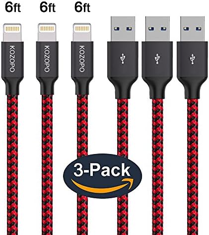 iPhone Charger, KOZOPO 3Pack 6Feet Nylon Braided Lightning to USB Cable Syncing and Fast Charging Cable Cord Compatible with iPhone X / 8 / 7 / Plus / 6 / 6S / 5 / 5C /5S / iPad More (Red)
