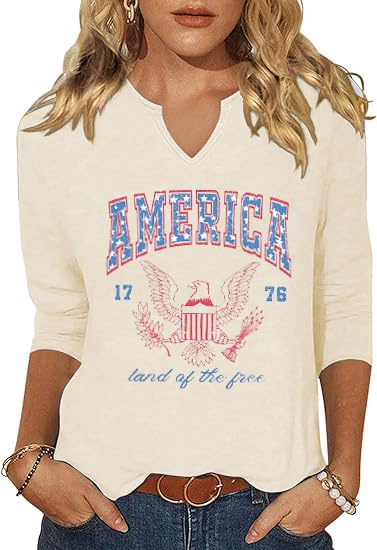 Photo 1 of 3/4 Sleeve V Neck USA Patriotic Shirts for Women 4th of July America Stars Stripes Flag Graphic Tops Cute Tee(DLR43BGE03,XX-Large)