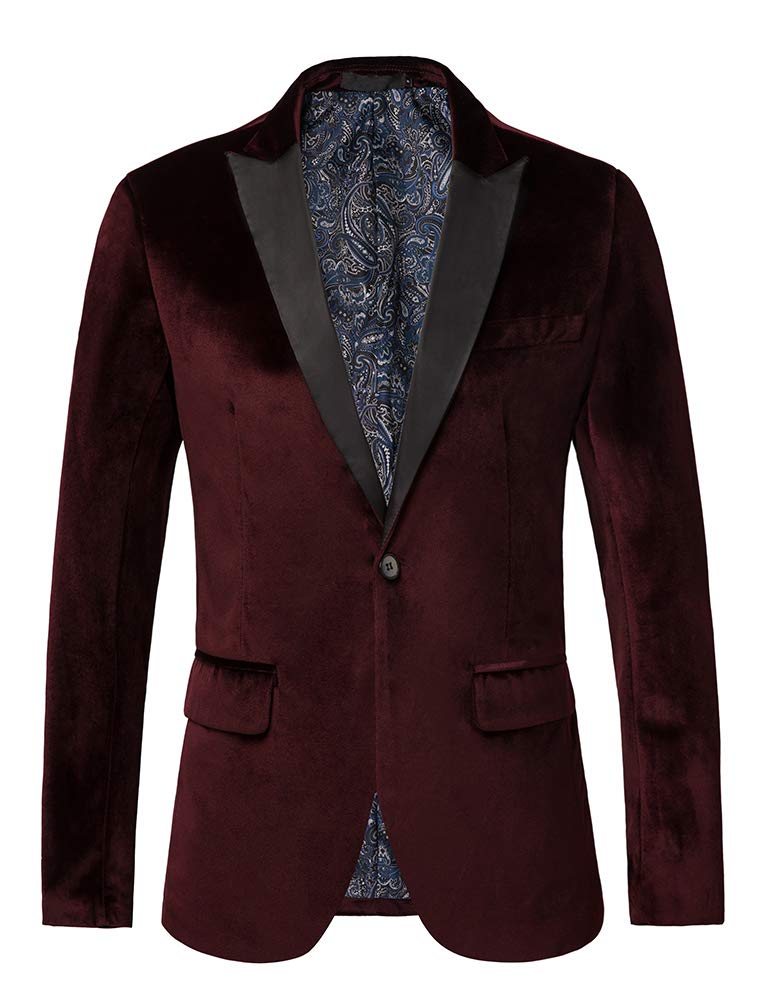Photo 1 of THWEI Mens Velvet Blazer Slim Fit Suit Jacket One Button Tuxedo Blazer Wedding Prom Dinner Burgundy M