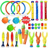 Aekce Underwater Swim Pool Diving Toys - 33 Pcs Summer Swimming Diving Toy Sets - Diving Rings,Sticks,Octopus,Torpedo Bandits,Fish,Grass for Kids