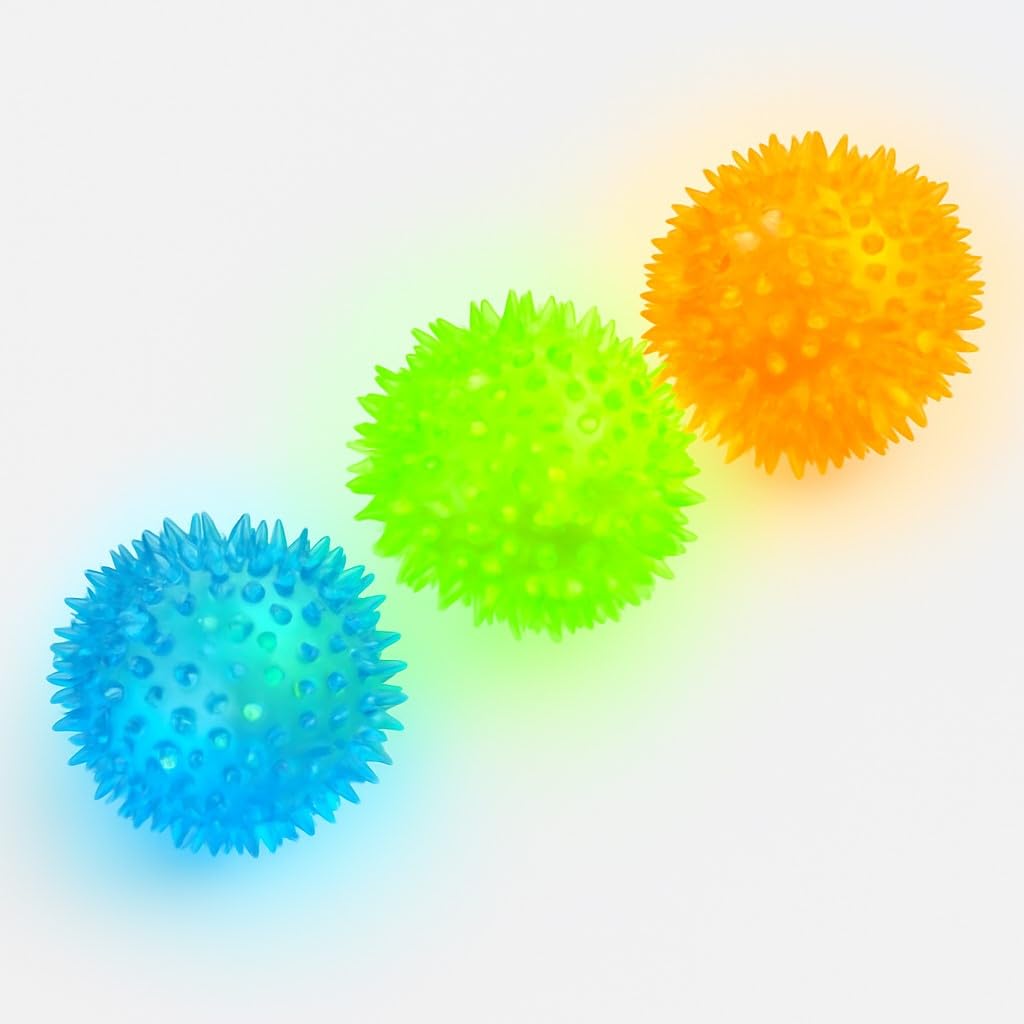 murr Light Up Dog Ball 3 Pack | Flashing Spiky Balls for Dogs | Durable Bouncy Dog Balls for Fetch & Play – Blue, Orange & Green